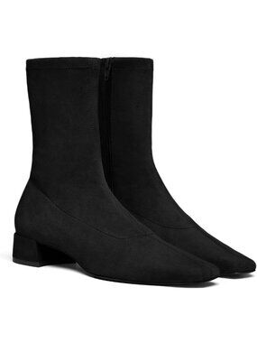 Women's Black Ankle Boots Chunky Low Heel Square Toe Suede Zipper Cowgirl Boots